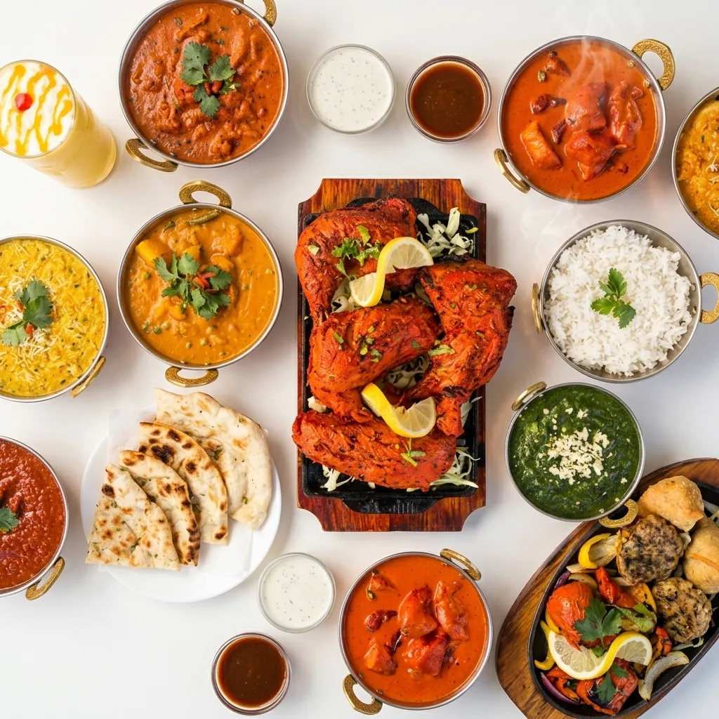 Bowls of Punjabi curries served at Friendz Dhaba in Brampton, including paneer curry, butter chicken and a creamy malai curry