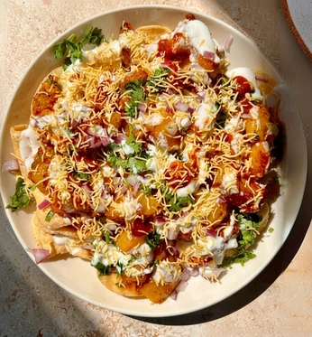 Papdi chaat with yogurt, chickpeas and tangy chutneys at Friendz Dhaba in Brampton