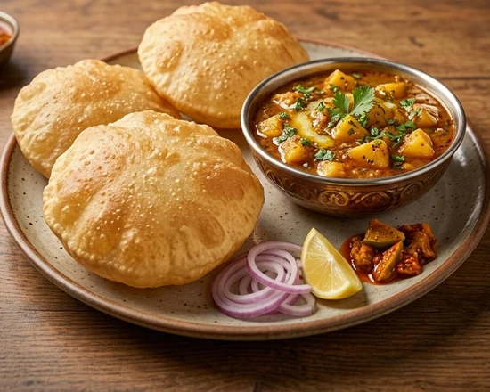 Amritsari aloo puri with tangy potato curry and puffed puris at Friendz Dhaba, Brampton